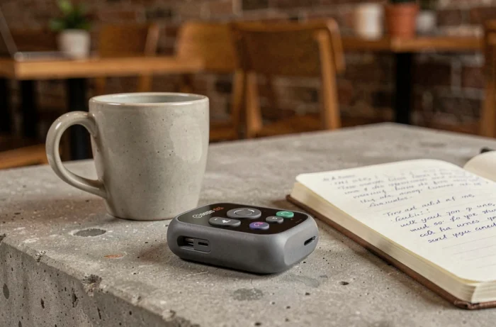 Gros plan du Prolencia Smart posé sur une surface en béton avec carnet et café, illustrant l'usage au quotidien
