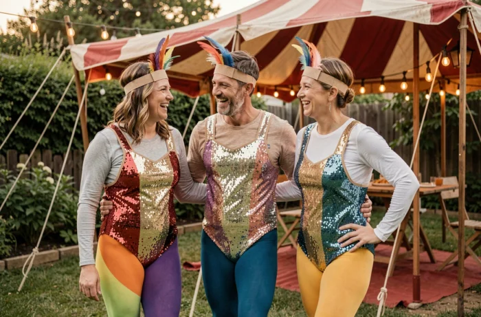 Groupe d'adultes en costumes d'acrobates de cirque faits maison avec sequins et accessoires artisanaux dans un jardin décoré