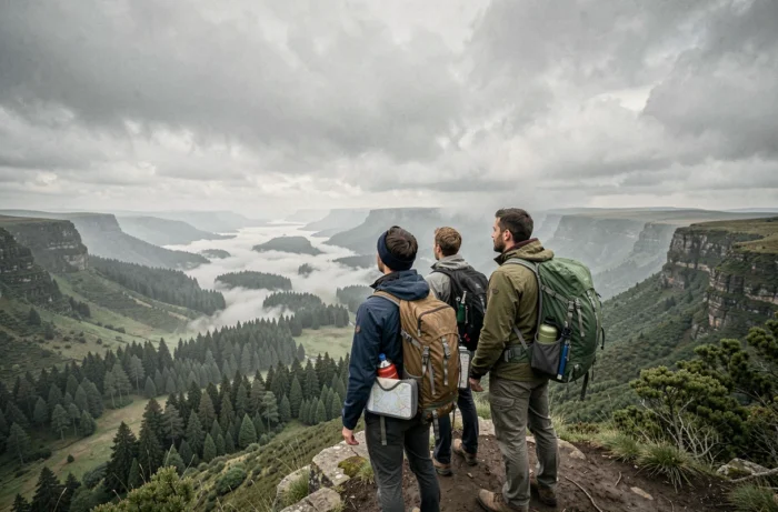 Groupe de randonneurs contemplant une vallée brumeuse depuis un plateau montagneux lors d'un voyage en pleine nature