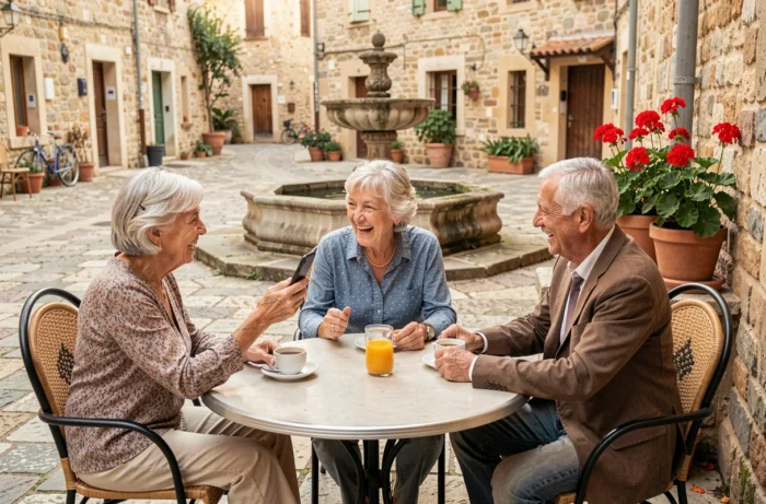 Trois seniors réunis autour d'une table en terrasse dans un village français, partageant des contenus sur un smartphone, représentant le lien social et la convivialité favorisés par Seniors Connexion