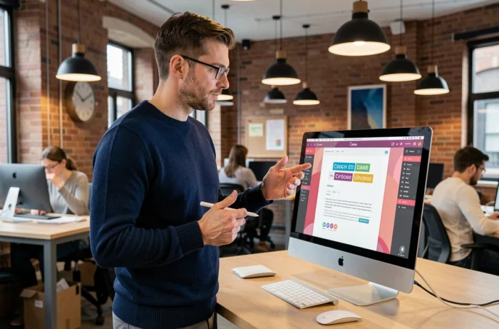 Homme professionnel utilisant Canva pour concevoir une lettre de motivation dans un espace de coworking