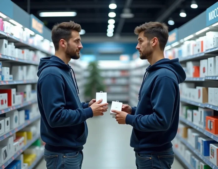 Homme comparant deux chargeurs USB-C dans un magasin d'électronique avant un déménagement