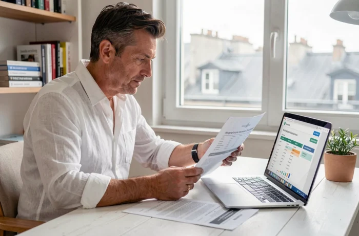 Homme comparant des offres de prêt immobilier sur papier et ordinateur dans un bureau à domicile