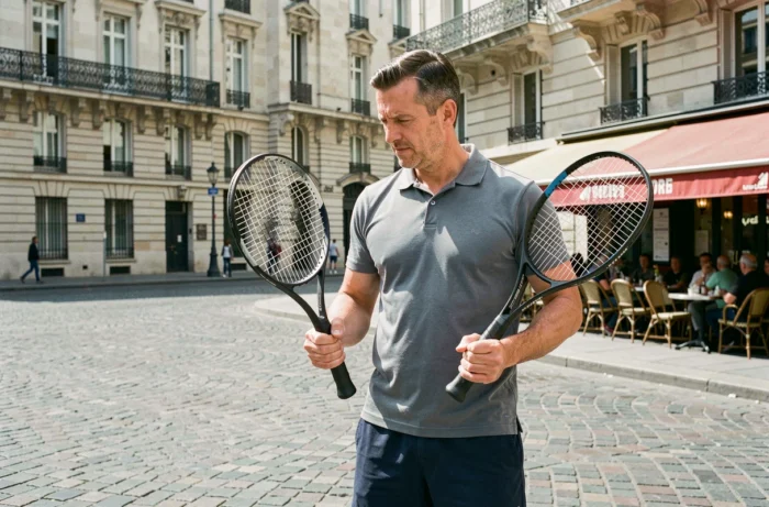 Homme comparant des raquettes de tennis en plein air dans un cadre urbain parisien