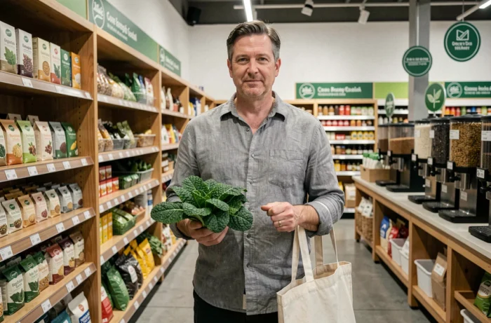 Homme choisissant des légumes biologiques dans le rayon bio d'une épicerie moderne