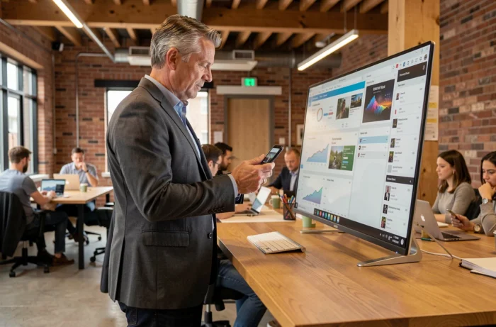 Homme en blazer utilisant un smartphone pliable dans un espace de coworking moderne, symbole des nouvelles tendances technologiques