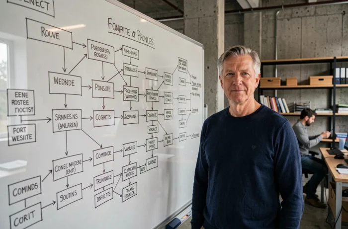 Homme debout devant un tableau blanc avec une architecture de sitemap web dessinée à la main en agence