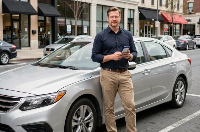 Homme debout à côté de sa voiture en ville consultant une application d'assurance auto sur smartphone