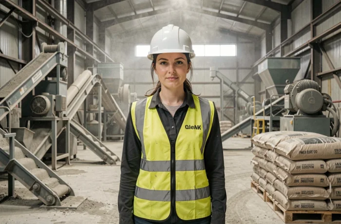 Ingénieure qualité sur le site de production d'une usine de ciment avec machines industrielles