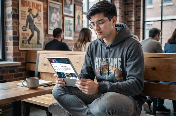 Jeune adulte consultant l'actualité numérique et les tendances du web sur une tablette dans un café urbain