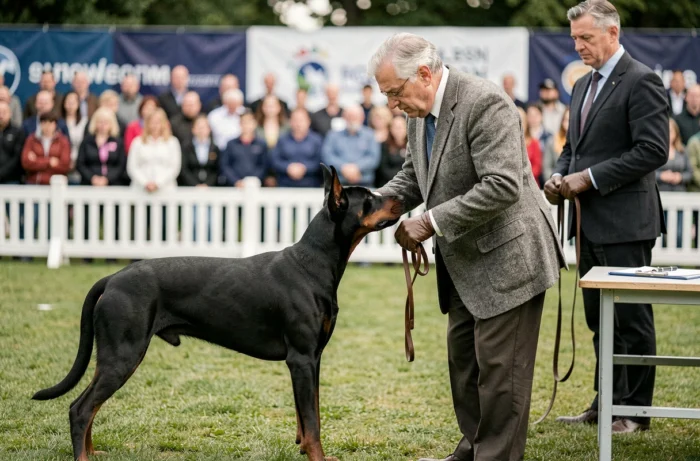 Juge inspectant un Doberman de pure race lors d'un concours canin officiel en plein air
