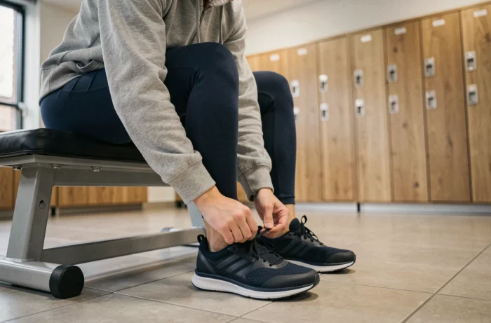 Femme en train de lacer ses baskets de fitness rembourrées avant une séance sportive
