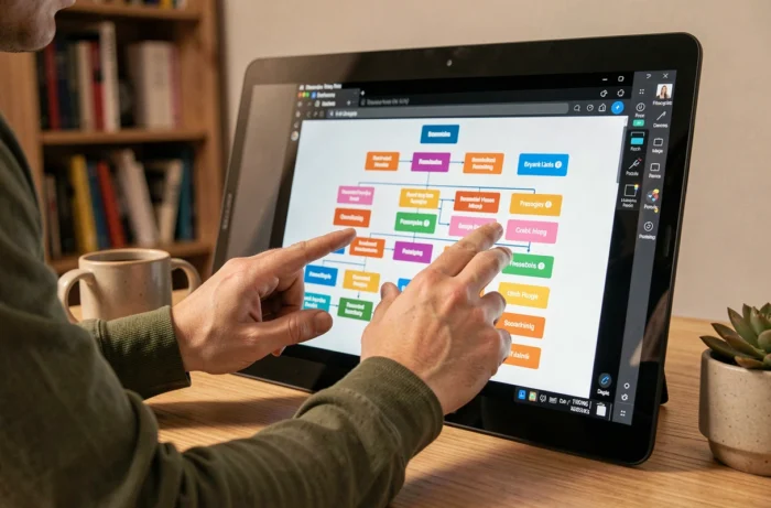 Mains interagissant avec un écran tactile affichant un sitemap hiérarchique coloré dans un bureau à domicile