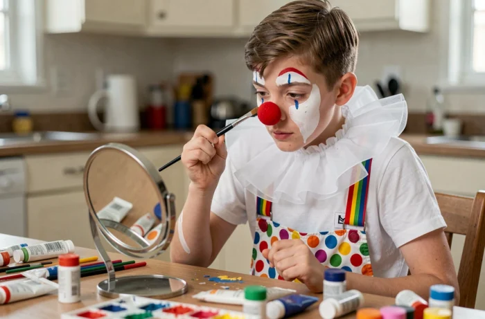 Adolescent en train de se maquiller en clown de cirque fait maison avec costume coloré et col de dentelle artisanal dans une cuisine