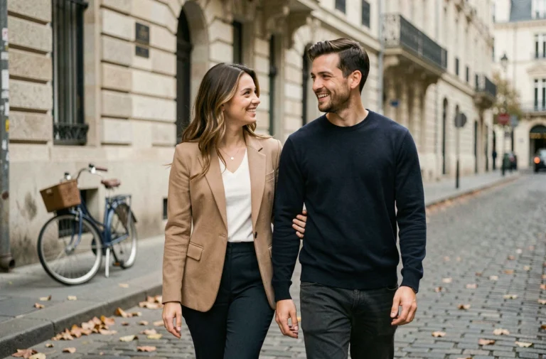 Couple complice marchant dans une rue parisienne, illustrant le soutien discret du mari d'une personnalité médiatique