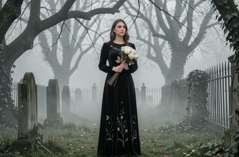 Femme en robe de velours noir avec broderies célestes dans un cimetière victorien brumeux, mode gothique paranormale