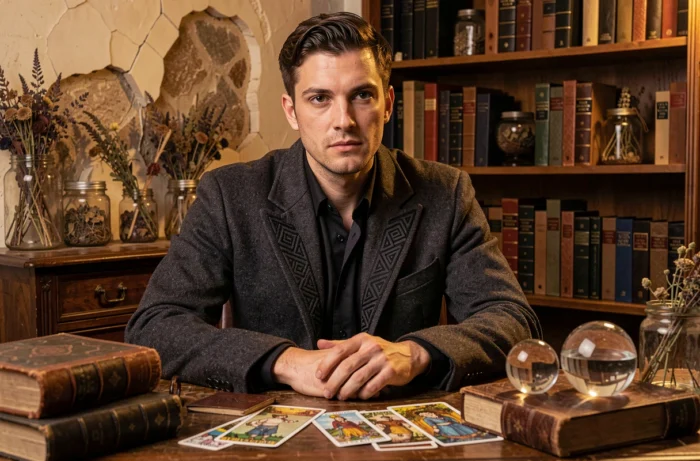 Homme en manteau de laine avec motifs occultes assis dans un bureau antique entouré de cartes de tarot et de livres anciens