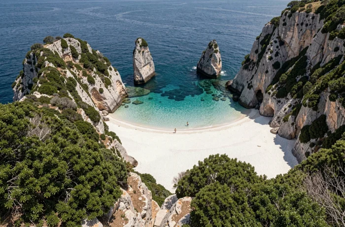Vue panoramique de la plage des Trois Pointes à Bonifacio avec ses formations rocheuses calcaires et ses eaux turquoise