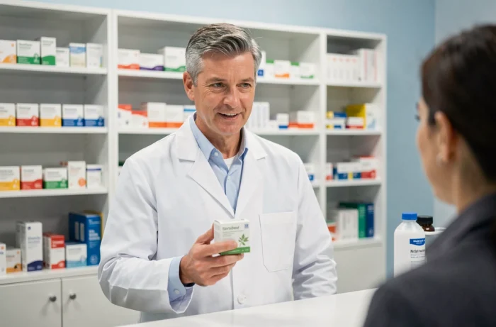 Pharmacien expliquant les indications et contre-indications d'un complément à base de plantes en officine
