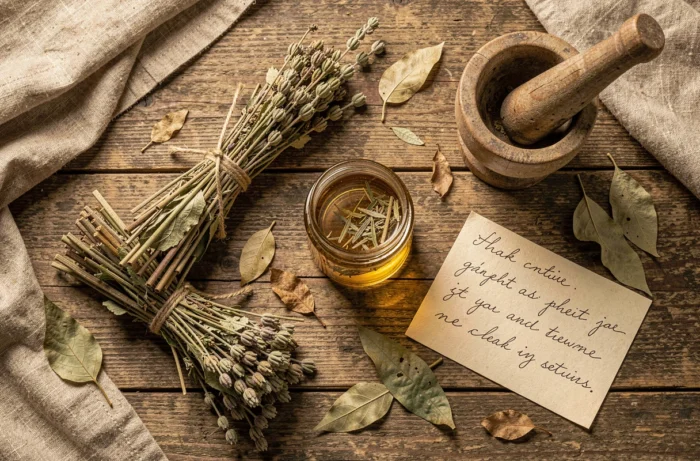 Plantes médicinales séchées et extrait en bocal sur bois rustique évoquant la préparation de remèdes naturels comme l'Argel 7