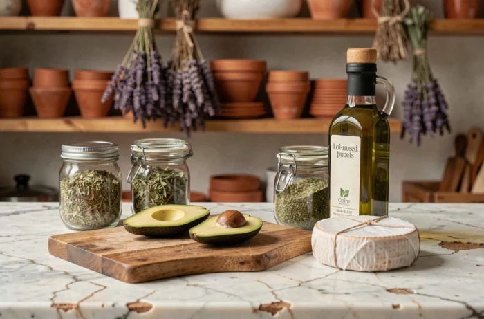 Assortiment de produits biologiques et naturels disposés sur un plan de travail en marbre dans une cuisine éco-responsable