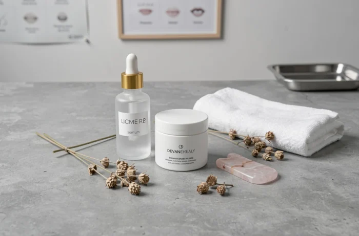 Assortiment de produits de soin du visage haut de gamme disposés en flat lay dans une clinique dermatologique à Genève