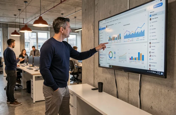 Professionnel présentant des analyses de tendances web 2025 dans un espace de travail collaboratif moderne