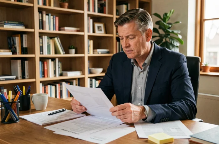 Propriétaire immobilier examinant plusieurs contrats de location sur un bureau en bois dans un bureau à domicile moderne