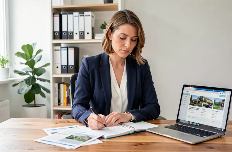 Femme professionnelle consultant des annonces immobilières à son bureau lors d'une recherche de bien immobilier