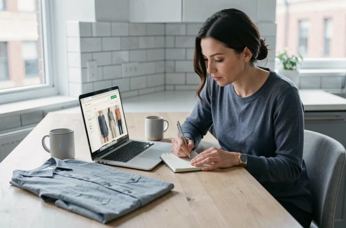 Femme rédigeant un avis consommateur sur Noracora avec des vêtements reçus posés sur la table devant elle