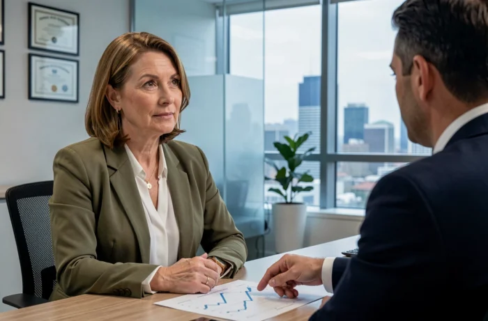 Femme en rendez-vous avec un conseiller bancaire pour obtenir un prêt immobilier