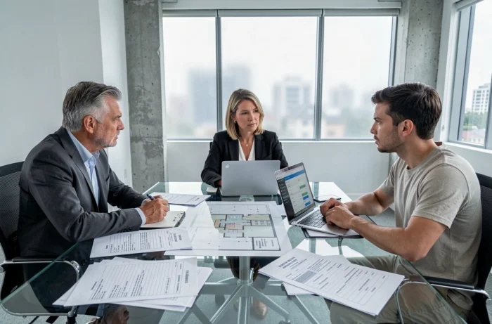 Réunion professionnelle autour de plans et documents légaux pour la gestion de plusieurs locations immobilières