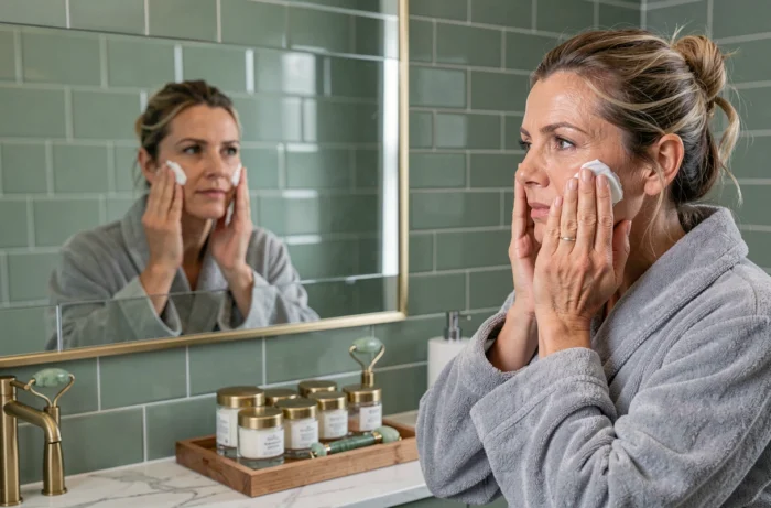 Femme appliquant une crème hydratante devant un miroir dans une salle de bain moderne à Genève