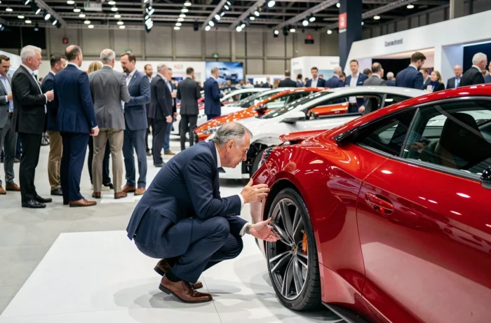 Visiteur inspectant un concept car rouge lors d'un salon automobile international, reflet des grandes tendances du secteur cette année