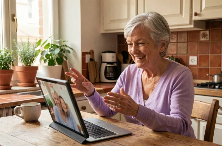 Une femme âgée souriante en appel vidéo sur une tablette dans sa cuisine, illustrant le lien social numérique pour les seniors avec Seniors Connexion