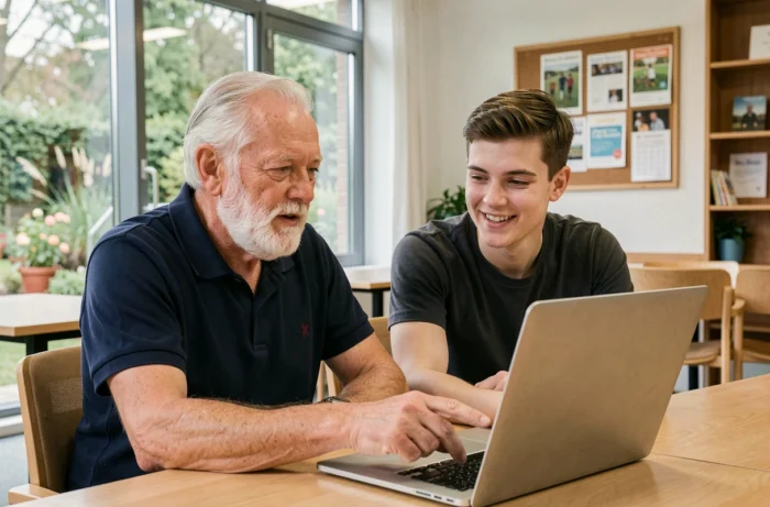 Un senior et un bénévole explorant ensemble un ordinateur portable dans un centre communautaire, symbolisant l'accompagnement numérique et le lien intergénérationnel proposés par Seniors Connexion