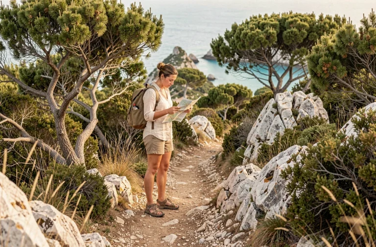 Randonneuse consultant une carte sur le sentier côtier menant à la plage des Trois Pointes à Bonifacio en Corse