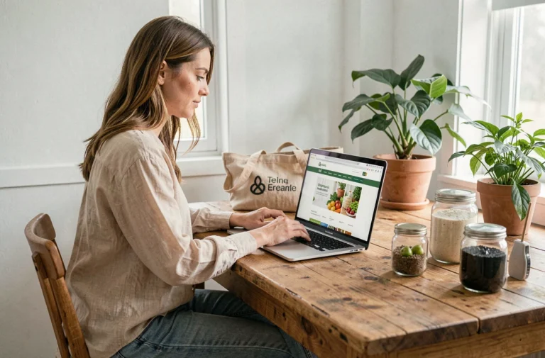Femme qui fait ses achats bio en ligne sur un ordinateur portable dans un bureau scandinave avec des produits naturels et sacs réutilisables