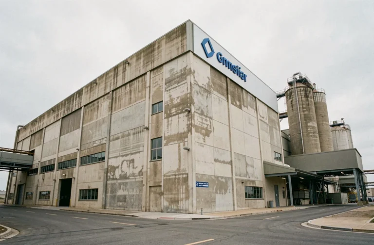 Siège social d'une entreprise cimentière industrielle avec silos et façade en béton