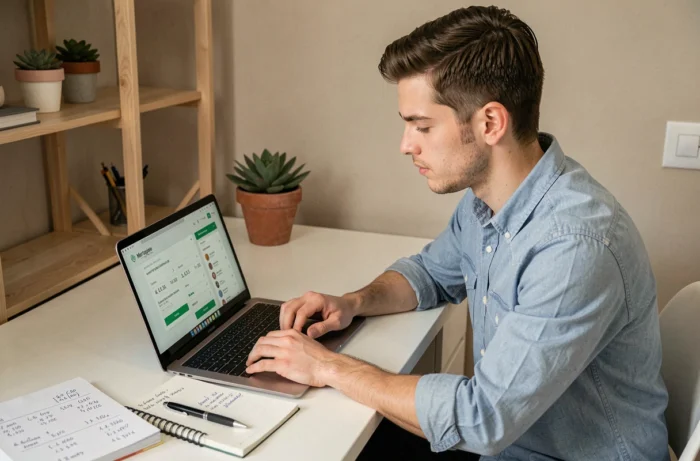 Jeune homme calculant sa capacité d'emprunt immobilier sur un ordinateur portable à son bureau