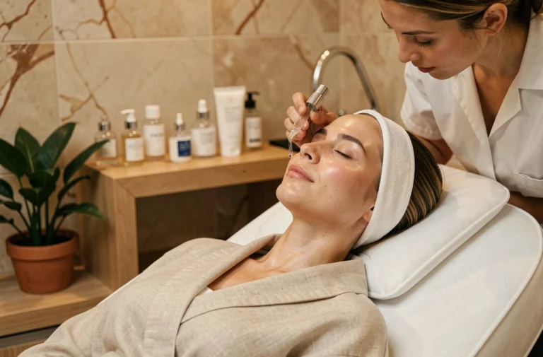 Femme recevant un soin du visage professionnel dans un spa de Genève avec sérum appliqué par une esthéticienne