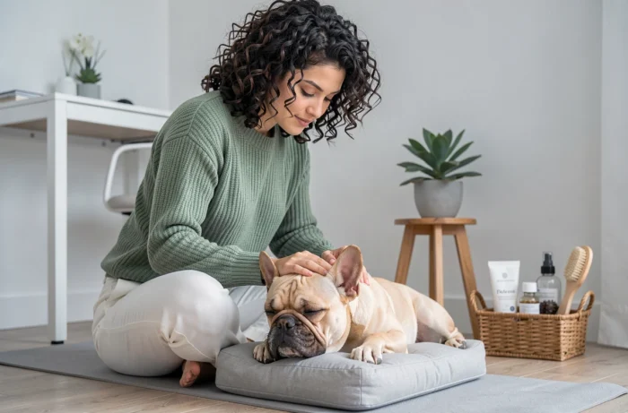 Femme massant son bouledogue français avec des produits de soin naturels pour animaux à la maison