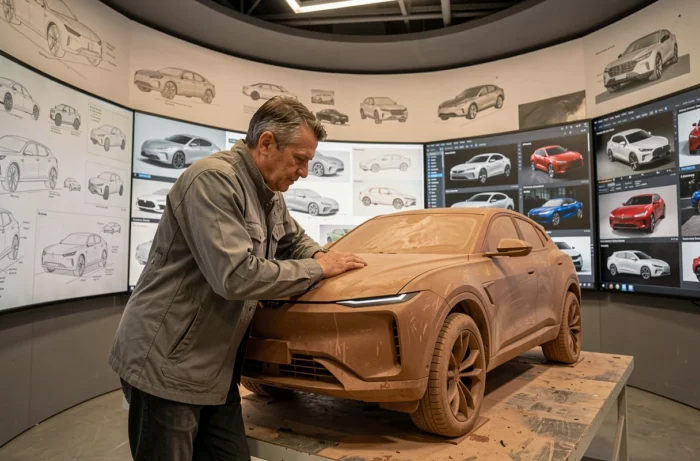 Ingénieur automobile travaillant sur un prototype d'SUV futuriste dans un studio de design, symbolisant l'innovation dans le secteur automobile