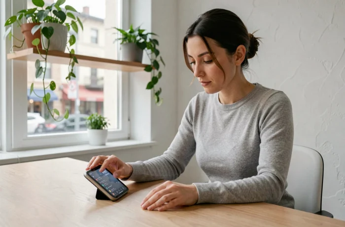 Femme utilisant un appareil connecté Prolencia Smart à son bureau à domicile lors d'un test au quotidien