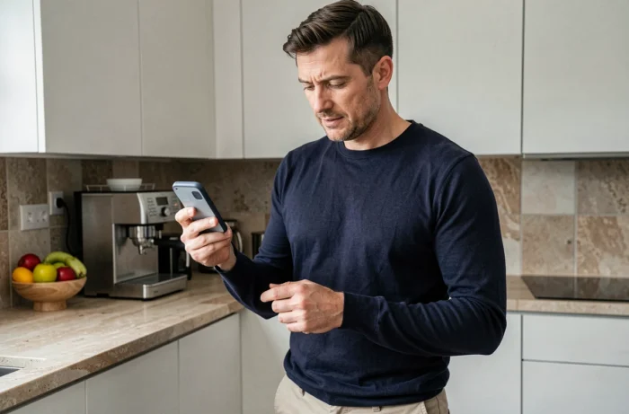 Homme testant le Prolencia Smart dans une cuisine moderne lors d'une utilisation quotidienne prolongée