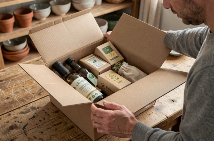 Unboxing d'une commande de produits bio en ligne avec emballages écologiques en kraft et bouteilles en verre sur un comptoir de cuisine rustique