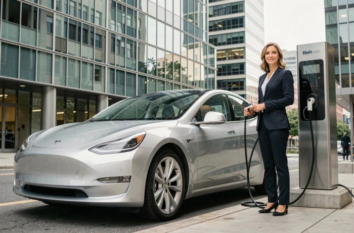 Femme chargeant une voiture électrique moderne devant une station de recharge urbaine, illustrant la tendance automobile électrique
