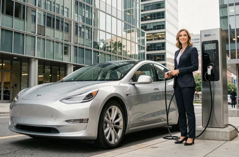 Femme chargeant une voiture électrique moderne devant une station de recharge urbaine, illustrant la tendance automobile électrique