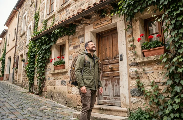 Voyageur solo souriant devant la façade pittoresque d'une maison d'hôtes en pierre dans un village européen