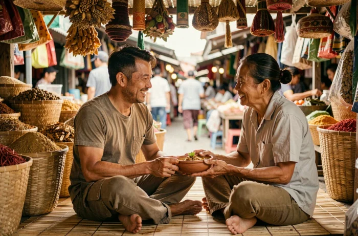 Voyageur partageant un repas traditionnel avec un vendeur local dans un marché artisanal en Asie du Sud-Est